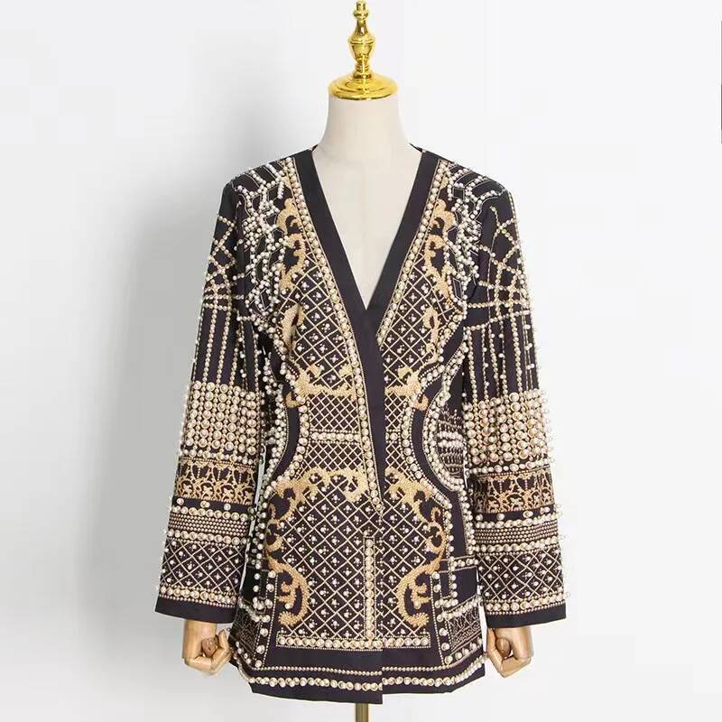 Winter Clothing Taiwan - Fashion Beading V Neck Blazers Coat